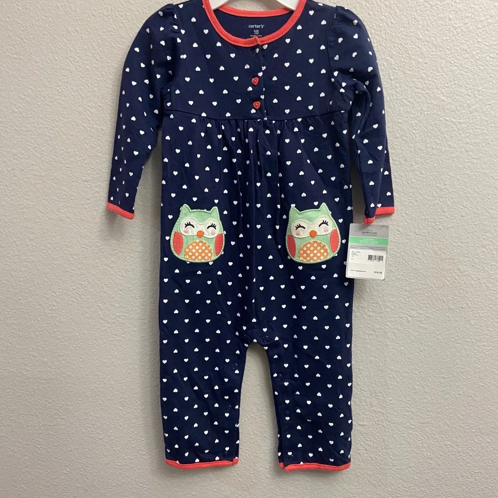 Carter's Kids 18M Navy Blue Heart Print Jumpsuit New Owl Applique Long Sleeve